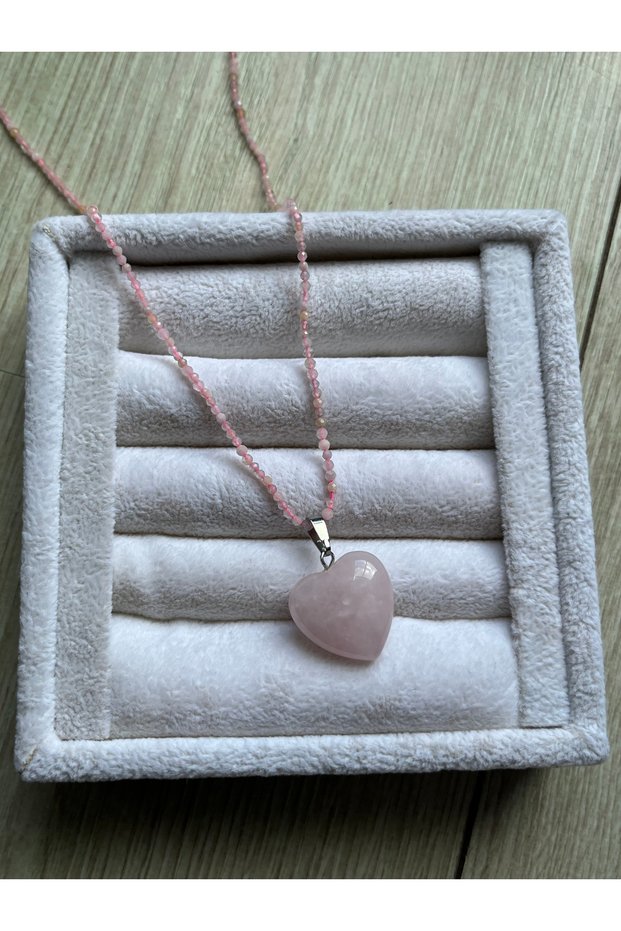 Minimal Pink Quartz Necklace with Heart Pink Quartz Handmade