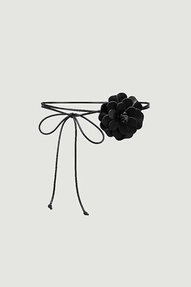 Tie-On Faux Leather Rose Belt - Black