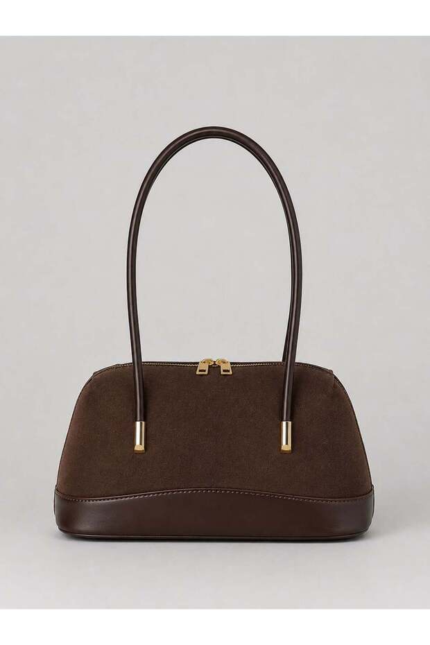 Brown Suede Women's Stylish Daily Hand and Shoulder Bag with Metal Accessories and Zipper