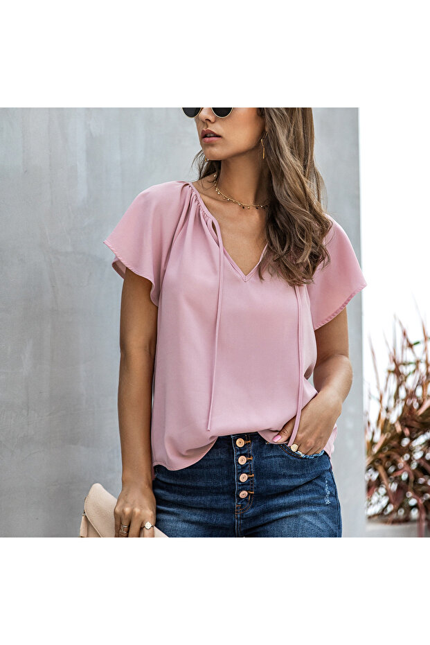 Women's Pink V-Neck Blouse
