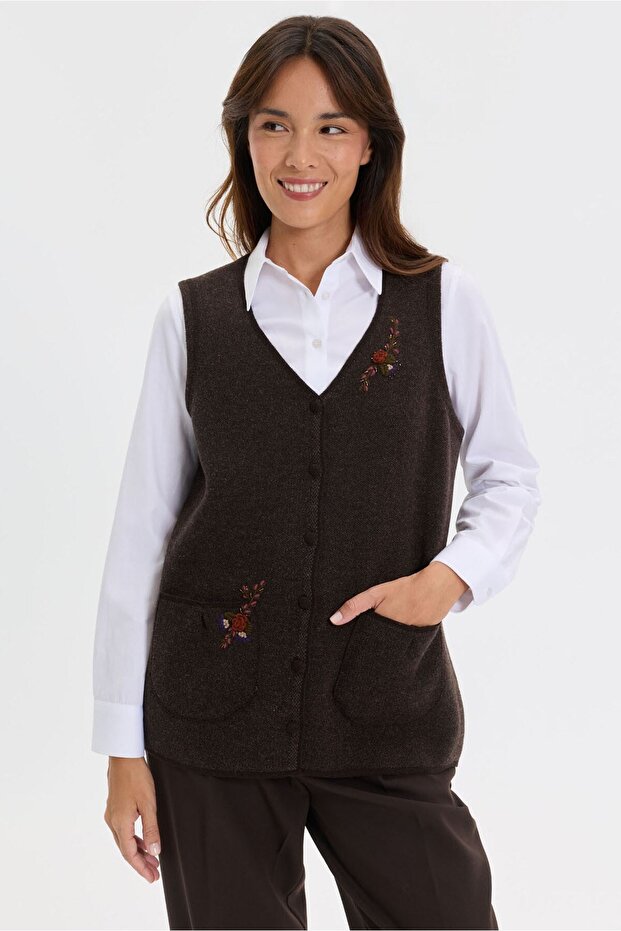 Women's V-Neck Knitted Rose Embroidered Wool Short Vest Dark Brown