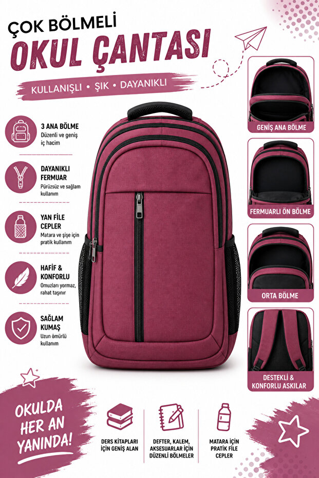 Multi-Compartment Unisex School Backpack – Large Front Pocket with Vertical Zipper, Side Mesh Pockets, Padded Straps