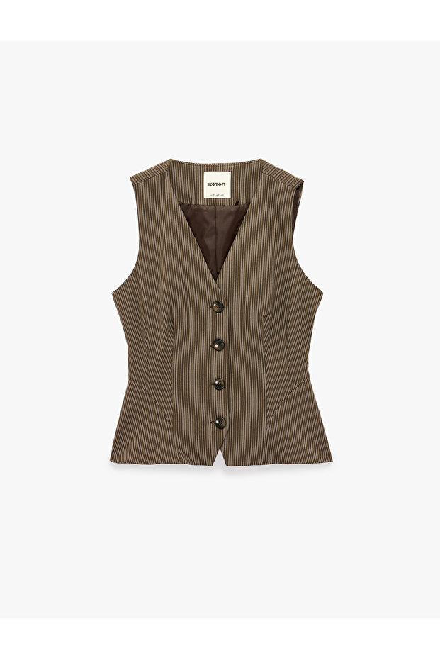 Slim Fit V-Neck Buttoned Striped Blazer Vest