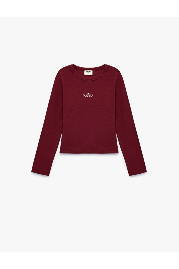 Wing Embroidered Slim Fit Cotton Camisole Crew Neck Long Sleeve T-Shirt