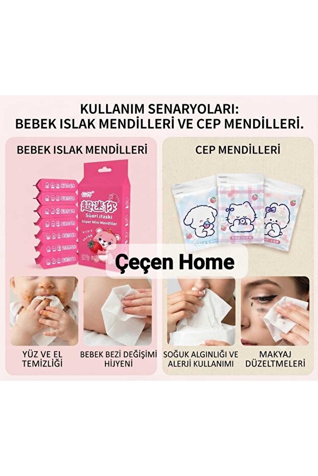 Strawberry Patterned 64 Pcs Mini Wet Wipes and Cute Animal Patterned 96 Pcs Pocket Napkin Set, Baby and Personal Care Cleaning Set