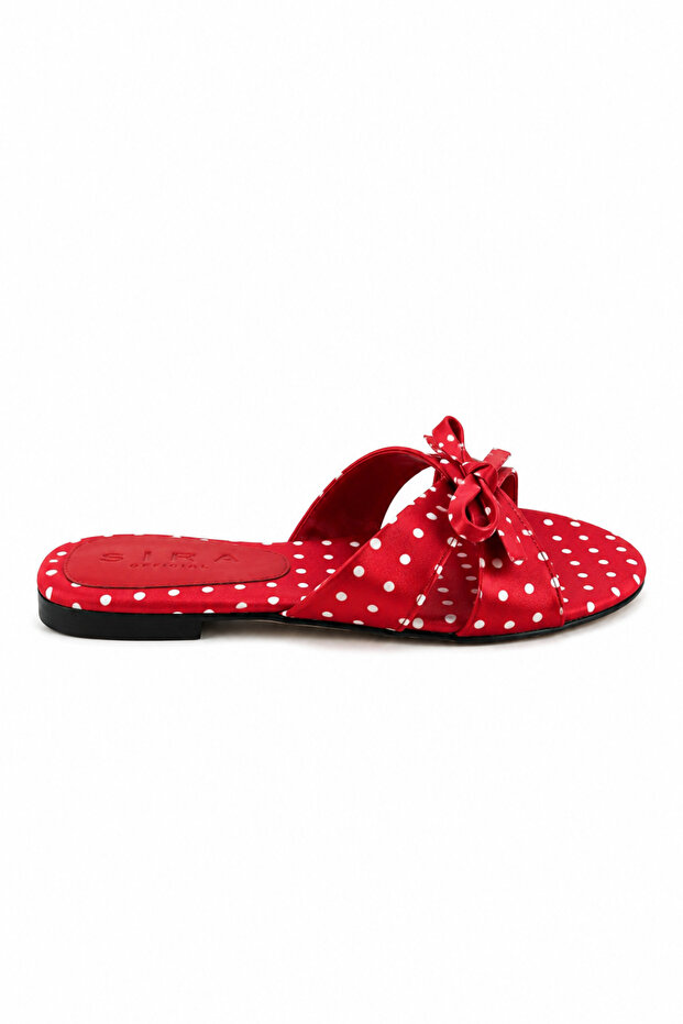 Polina Red Polka Dot Patterned Satin Slippers with Bow