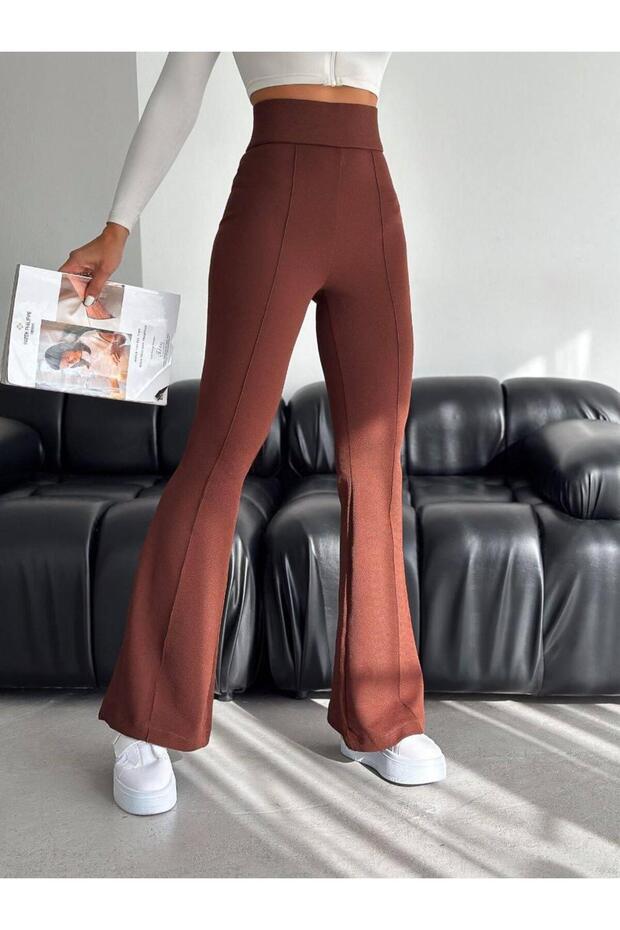 Women's Brown High Waist Front Stitched Flare Pants Elt3329