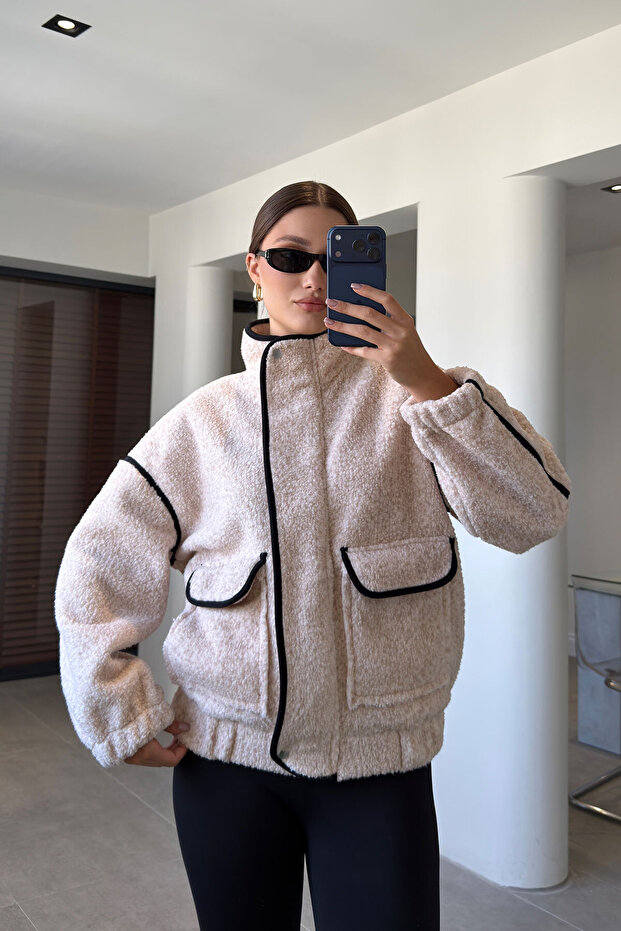 Premium Zippered Jacket with Pocket Details - Beige