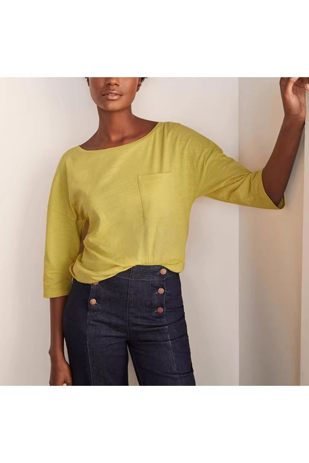 Women's Yellow Round Neck Three-quarter sleeve T-Shirt
