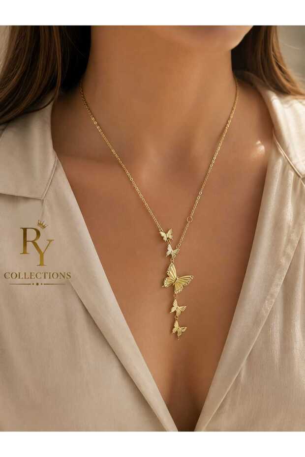 Zircon Stone 5 Row Butterfly Detailed Gold Dangle Steel Necklace