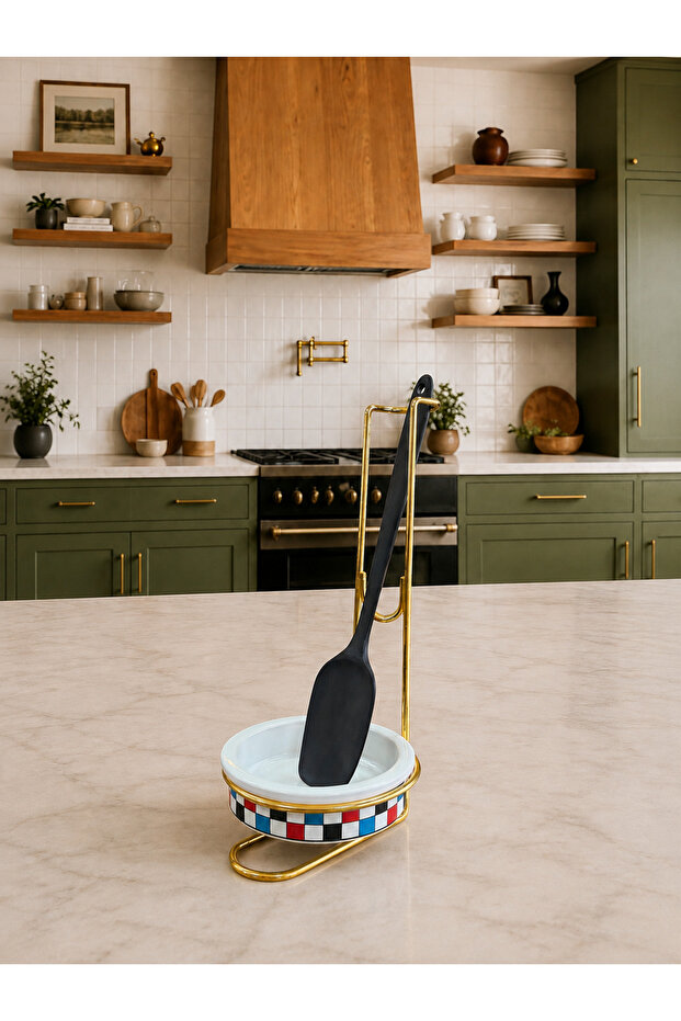 Spoon Holder - Ceramic Spoon Holder with Colorful Lemon Checkerboard Pattern