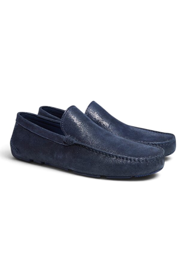 Dark Blue Color Laceless Genuine Leather Men's Shoes
