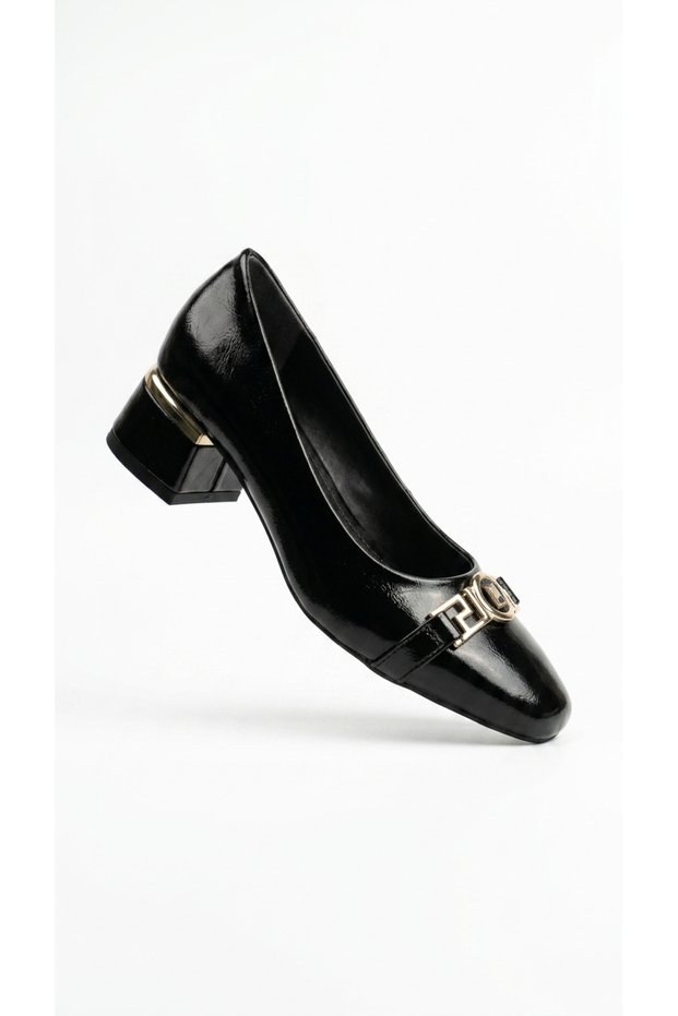 Women's High Heel Shoes Black Patent Leather Buckle Thick Heel Square Toe Daily Office Elegance Pc-56067