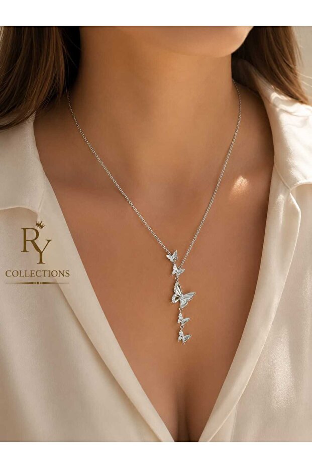 Zircon Stone 5 Row Butterfly Detailed Silver Dangle Steel Necklace