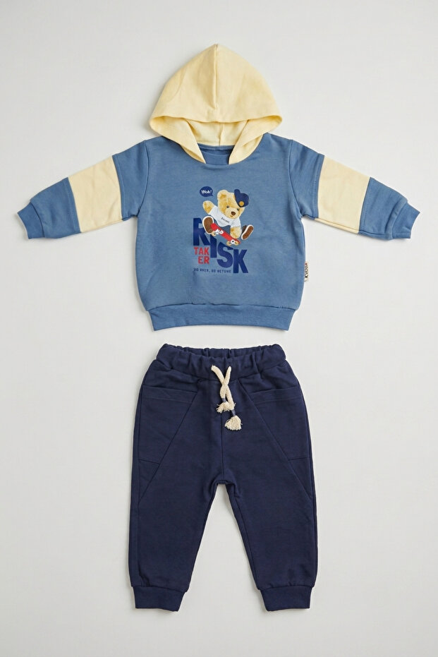 Baby Boy Hooded Skateboard Teddy Bear Printed Tracksuit Set