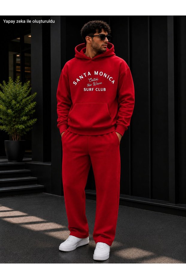 Men's Santa Monica Surf Club Printed Tracksuit Set / Hooded Sweatshirt with Kangaroo Pocket and Straight-Leg Bottoms