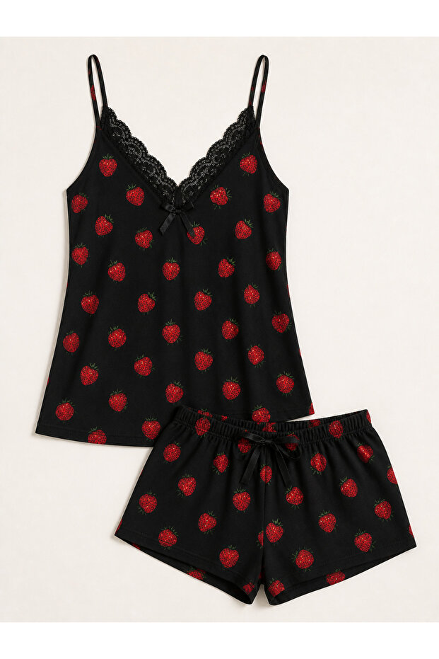 Women's Plus Size Rope Strap Lace Collar Black Strawberry Summer Pajama Set
