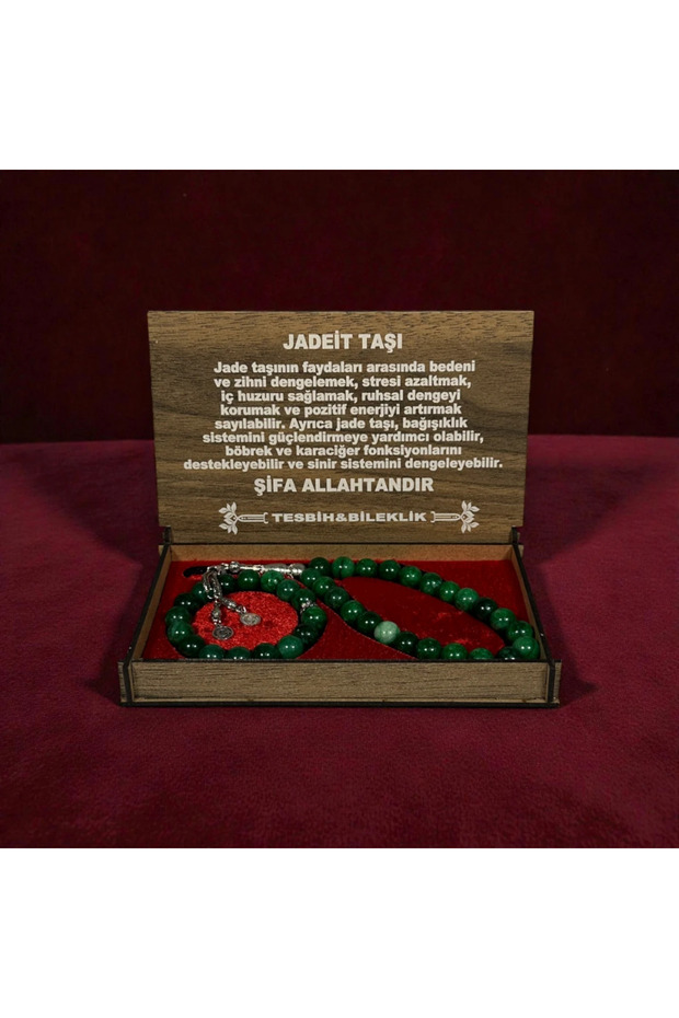 Natural Stone Prayer Beads & Bracelet Set – with Wooden Box - Jadeite Stone