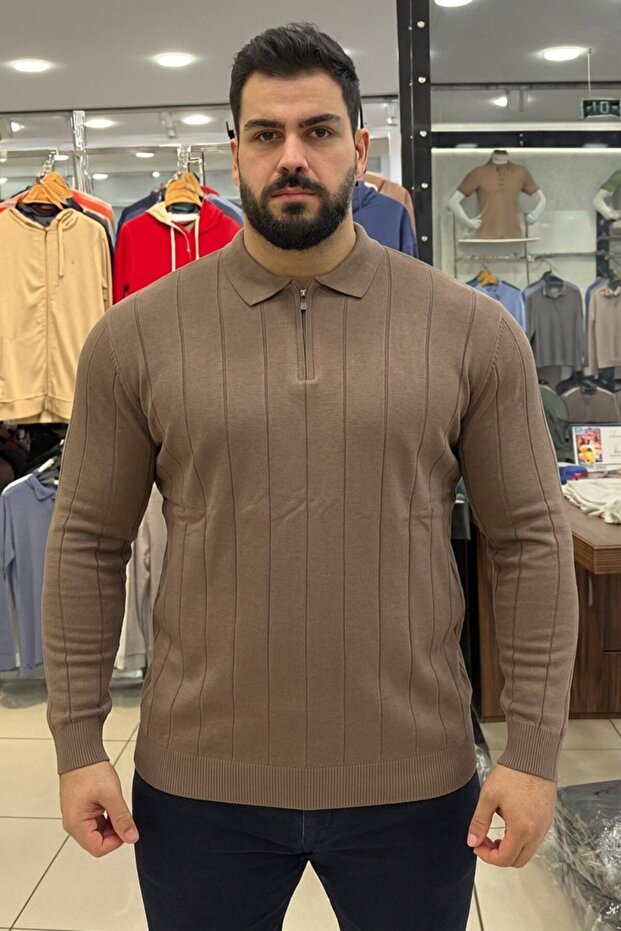 Men's Winter Large Size Dark Brown Zippered Sweatshirt
