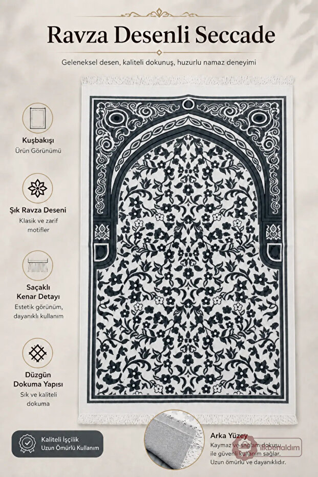 Ravza Patterned Prayer Rug with Fringes and Non-Slip Base, Quality Prayer Mat - Gray