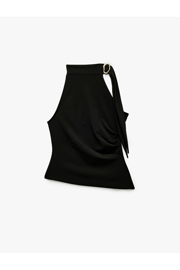 Slim Fit Draped Asymmetrical Stand Collar Sleeveless Blouse with Metal Accessories