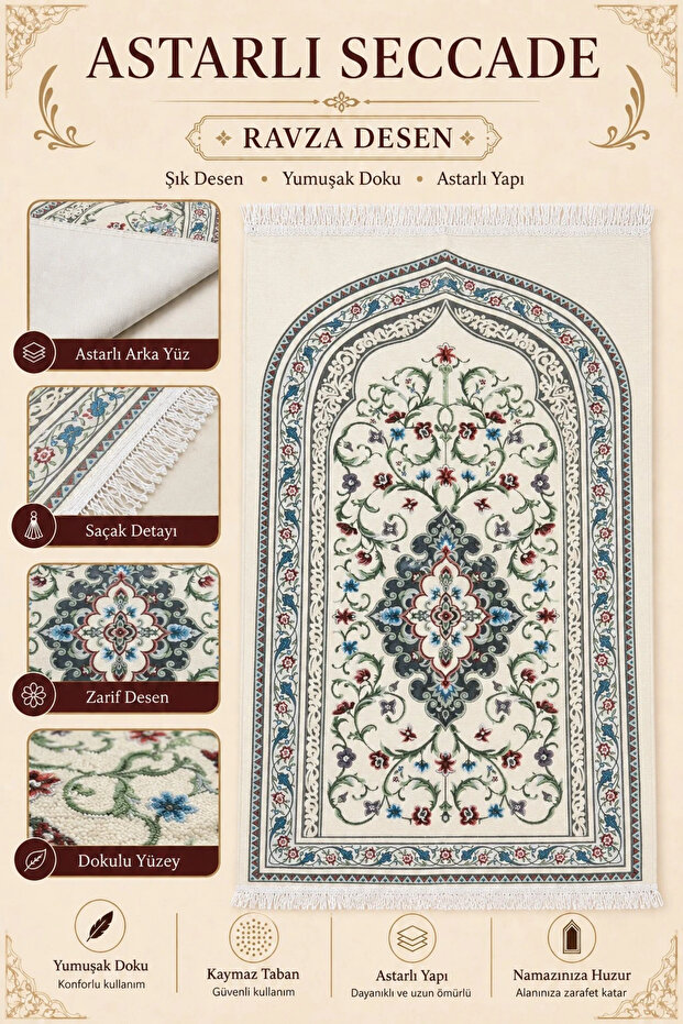 Lined Ravza Patterned Chenille Prayer Rug | Soft Textured Non-Slip Sole Patterned Prayer Mat | Cream