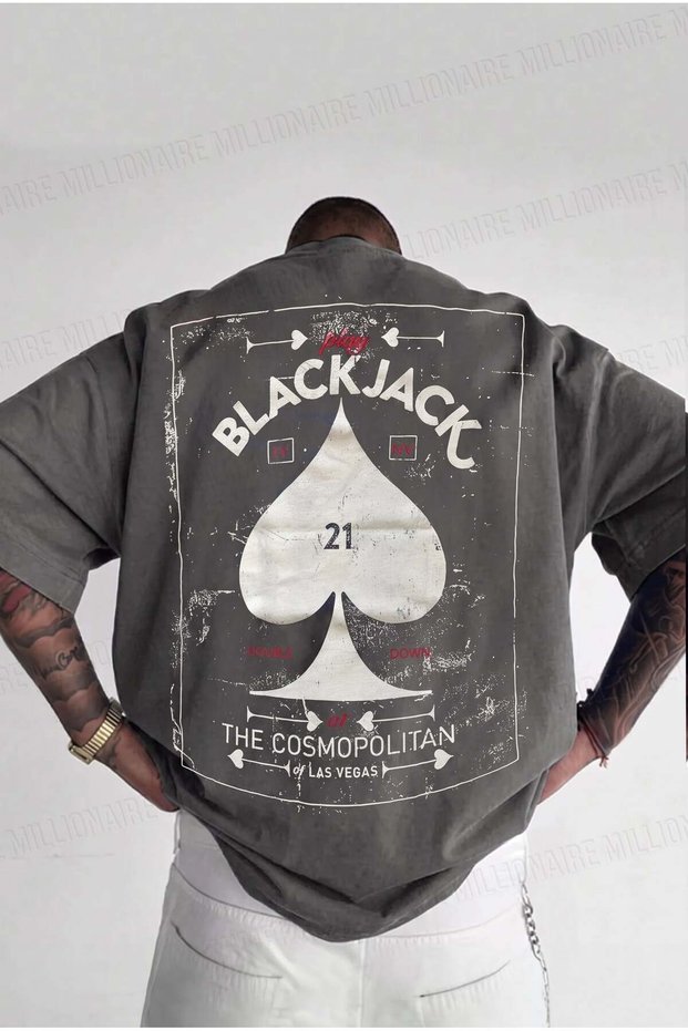Men's Gray Black Jack Oversize Fit Loose Wide Fit Casual Cut T-Shirt