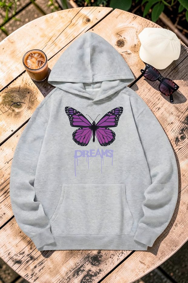 Unisex Dream Butterfly Printed Oversize Hoodie Hooded Sweatshirt