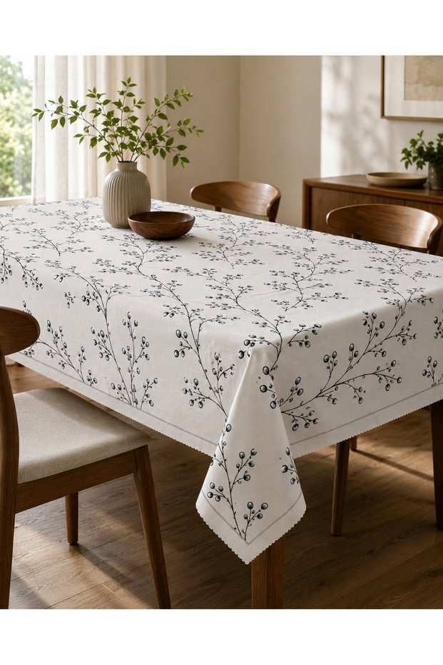 مفرش طاولة فضي مقاس 155x220 سم مزين بنقش الأغصان