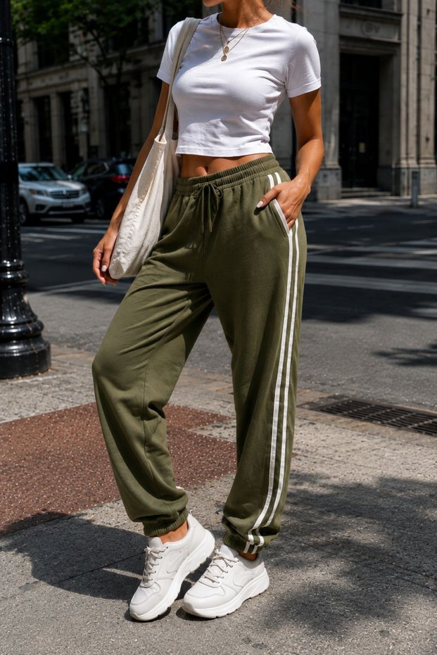 Women's High Waist Elastic Jogger Sweatpants with Side Stripes