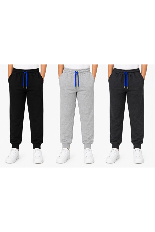 3-Piece Advantage Pack Kids Unisex 100% Cotton 2-Thread Ripped Sweatpants Set – Jogger with Pockets and Tie-Waist (Black + Gray + Anthracite)
