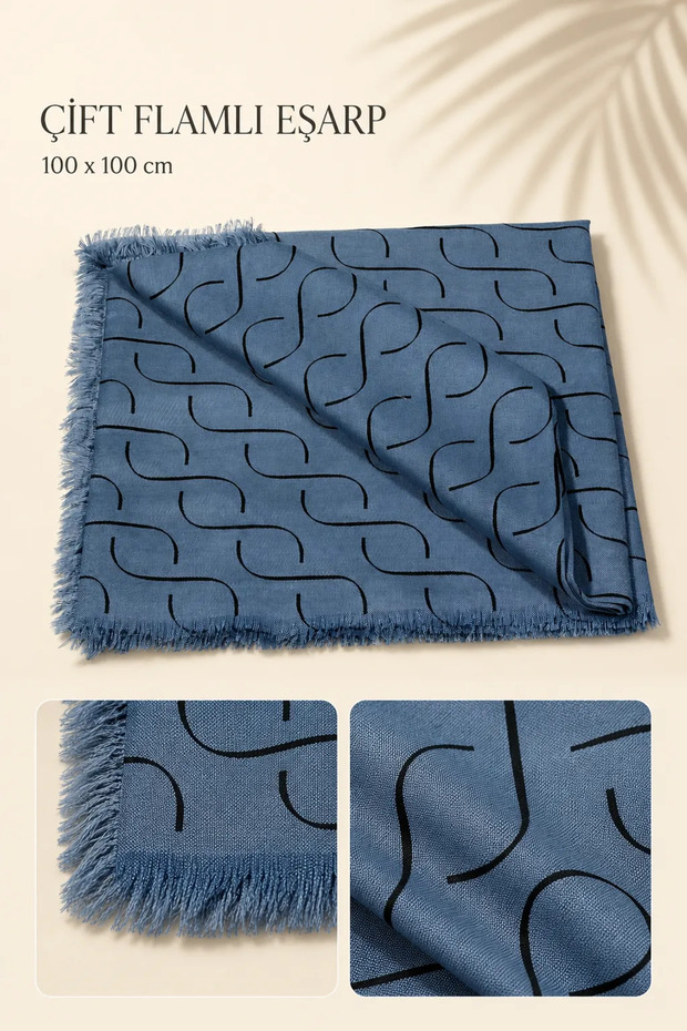 Patterned Double Flamed Scarf 100X100 cm | Tasseled Plain Textured Women's Scarf - Indigo Blue