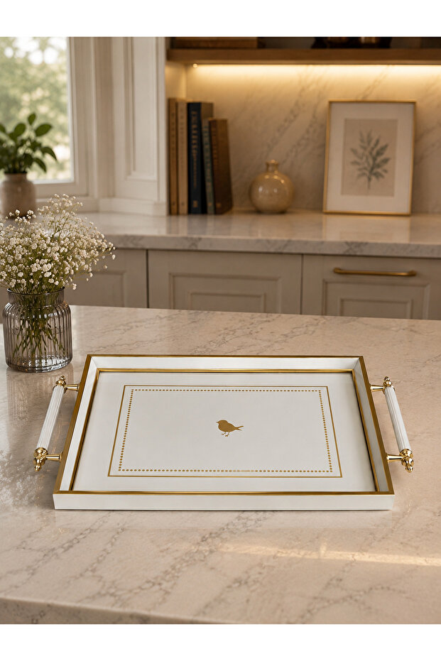 Luxury Presentation Tray with Bird Figure and Gold-White Frame 46X28 cm Real Glass