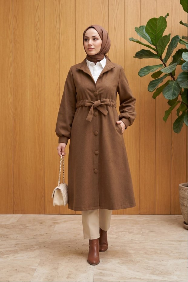 Women's Waist-Tied Balloon Sleeve Cashmere Coat Cinnamon