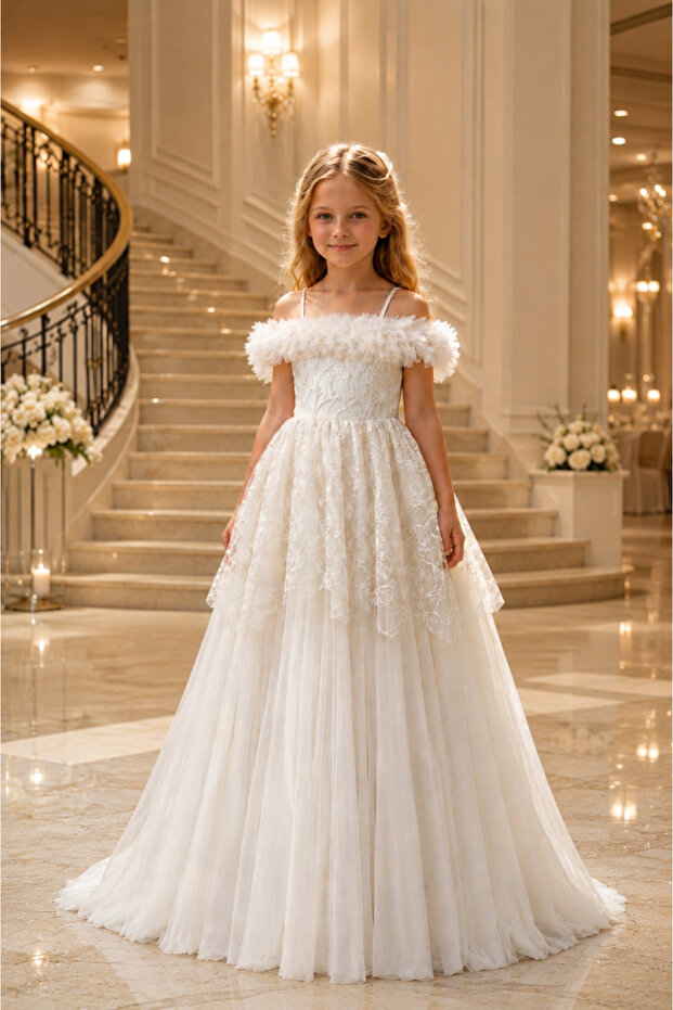 Girl's White Long Shoulder Detailed Wedding Dress