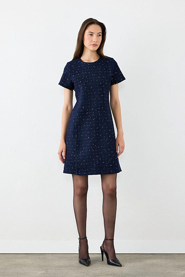 Short Sleeve Tweed Dress - Navy Blue