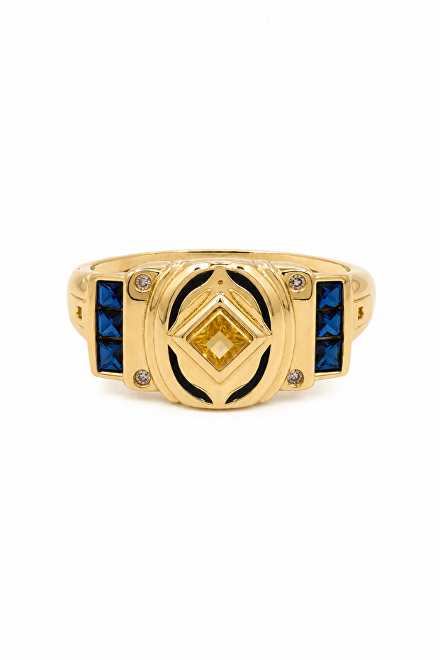 Yellow Color Blue and Transparent Stone Detailed Geometric Pattern Steel Ring