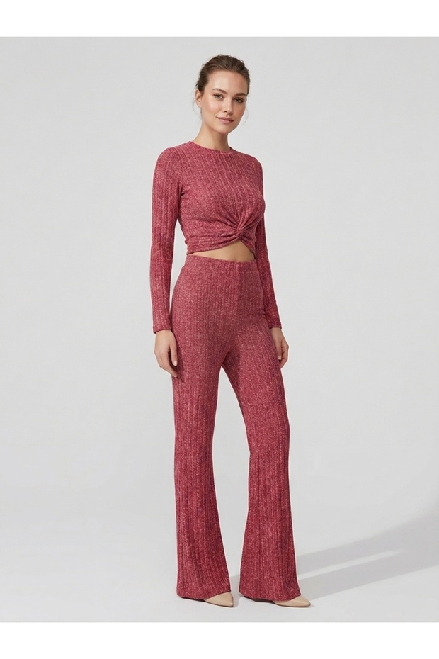 Burgundy Corduroy Two-Piece Set – Knotted Front Crop Blouse and Flared Trousers