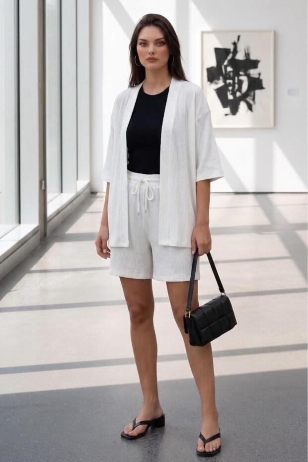 Women's White Crinkle Fabric Casual Kimono Shorts Set