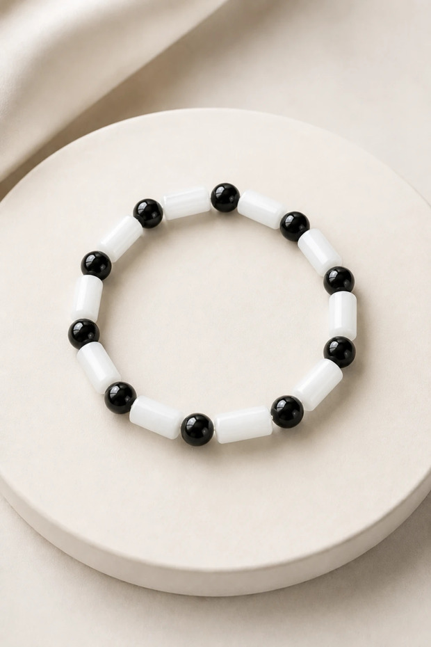 Double Color Onyx Natural Stone Cylinder Bracelet | Stylish and Modern Unisex Bracelet - White