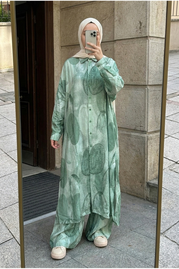 Women's Patterned Oversize Kimono Shirt and Pants Two-Piece Set