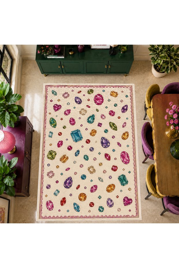 Aura Colorful Crystal Stones Patterned Modern Woven Base Decorative Carpet Sdtamour4092