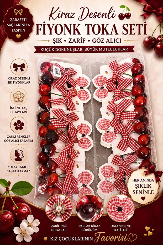 Cherry Patterned Red Plaid Bow Hair Clip Set for Girls – Mixed Model