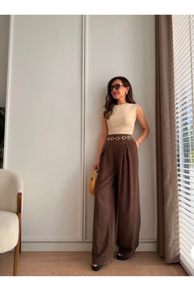 Women's Brown Belted Pleated Palazzo Trousers with Pockets