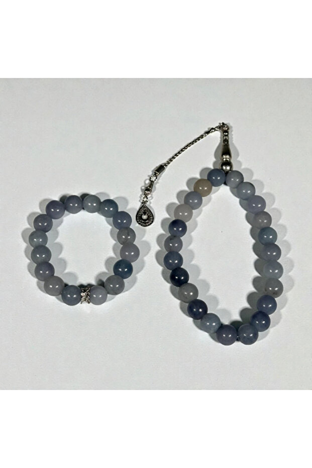 Natural Stone Prayer Beads & Bracelet Set - Aquamarine Stone