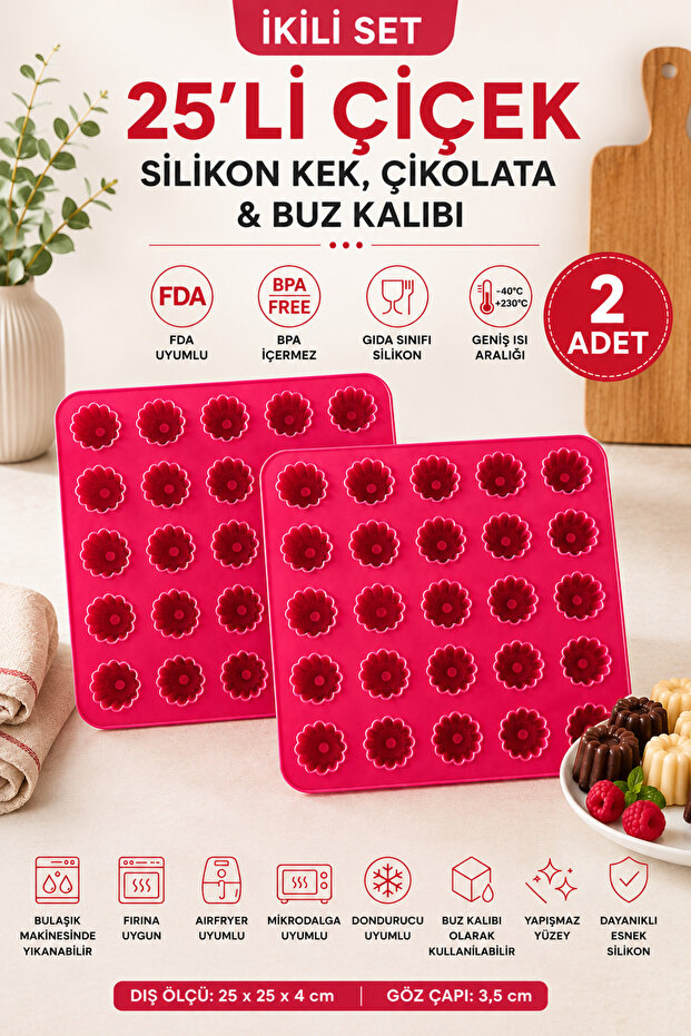 2 Pcs 25-Cavity Flower Shape Silicone Cake Mold 5X5 Array Pink Chocolate Ice and Mini Dessert Mold