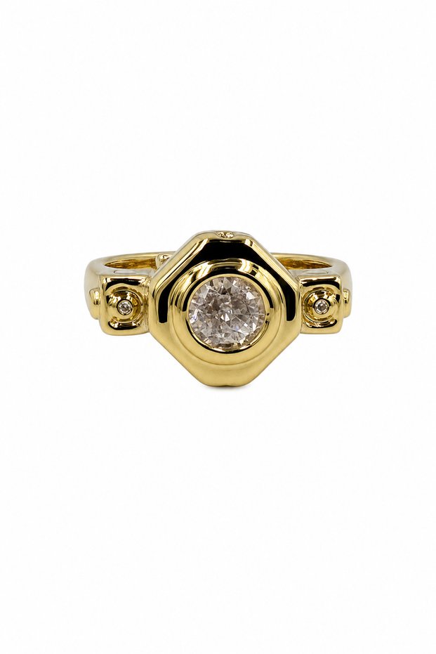 Yellow Color Stone-Studded Steel Ring - Special Design Women's Ring with Shiny Zircon Detail