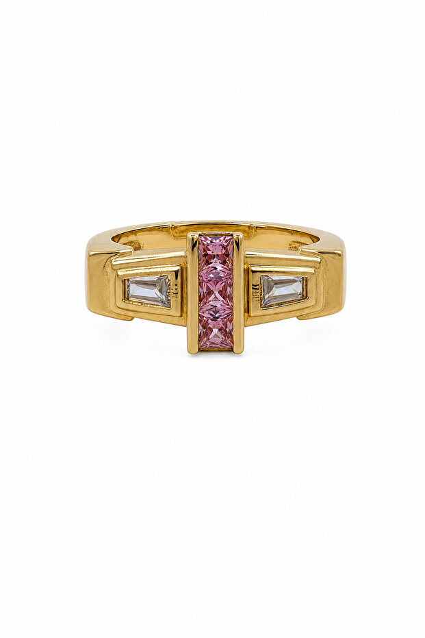 Yellow Color Rectangular Pink and Clear Stone Modern Design Ring