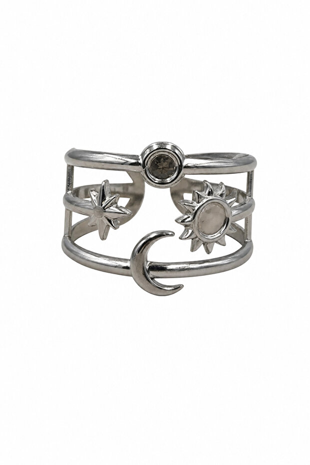 Steel Ring with Moon, Star and Sun Motifs, Multiple Band Design Women's Ring