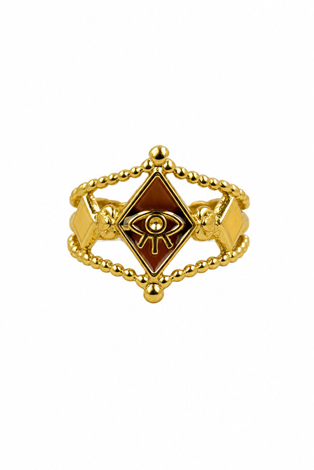 Yellow Color Evil Eye Beaded Eye Detail Steel Ring
